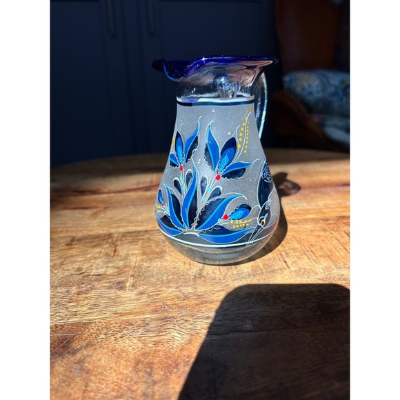 Other - Handblown Frosted Glass Pitcher Blue Hand Painted Floral Bird Cobalt Rim Vtg